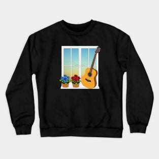 Acoustic Guitar Leaning Against Window with Flowers Crewneck Sweatshirt